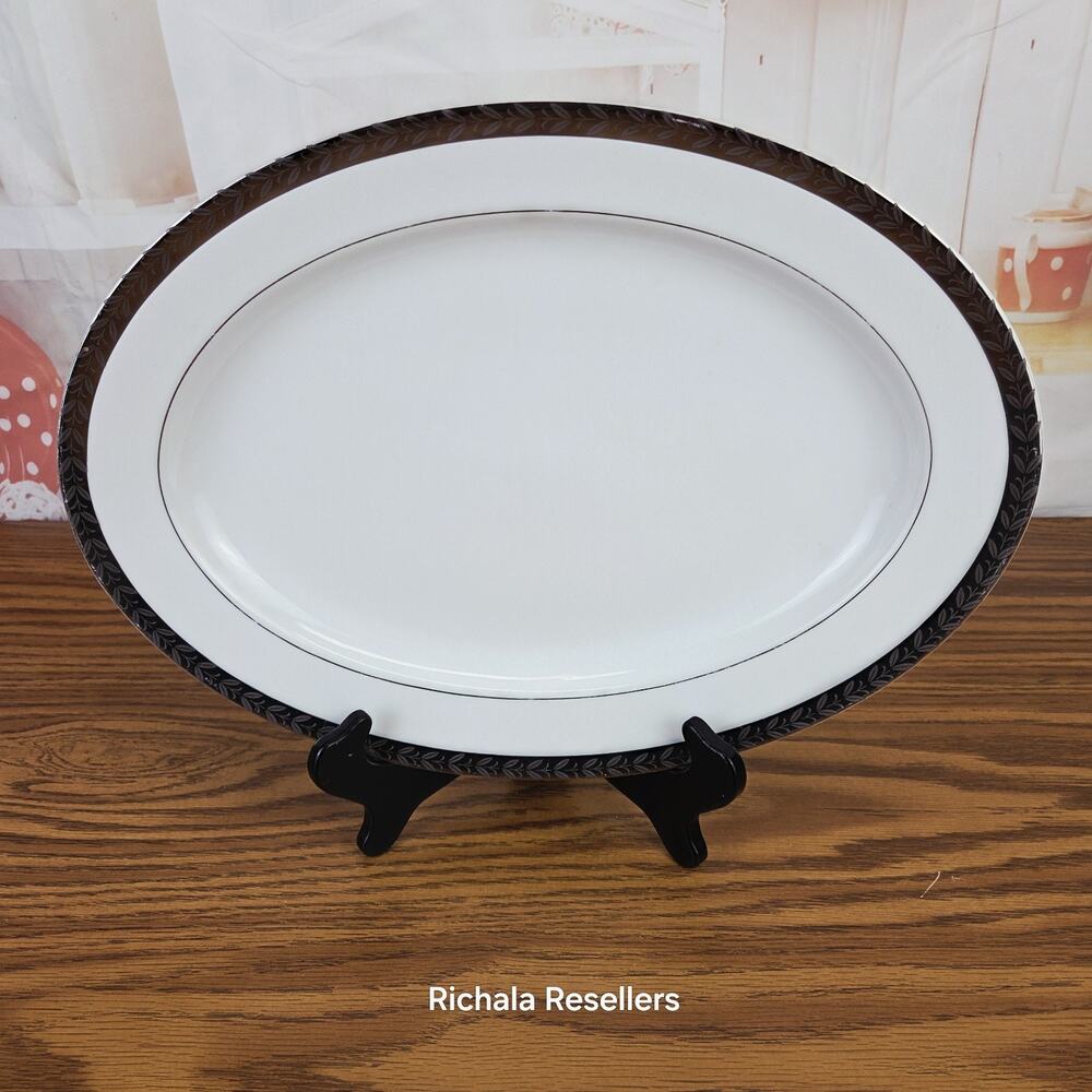 Princess China Fantasy 14.25" x 10.5" Oval Serving platter Etched Silver Leaves